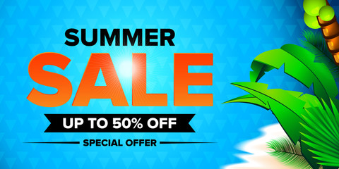 Hello summer sale along with items and elements on the beach. vector illustration
