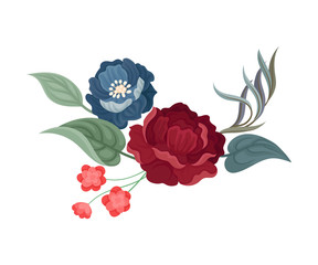 Dark red rose and large blue flower. Vector illustration on a white background.