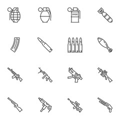Gun weapon line icons set. linear style symbols collection outline signs pack. vector graphics. Set includes icons as fragmentation grenade, bullets, air bomb, smoke grenade, machine gun, sniper rifle