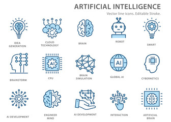 Artificial intelligence line icons set. Vector illustration. Editable stroke.