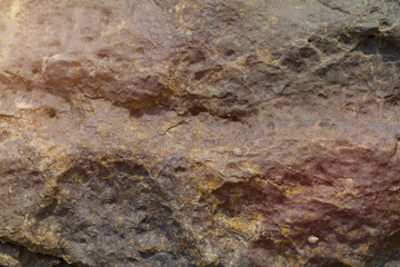 Textured surface of big rock on the shore in India, GOA. Toned sunlight. Close up. Background pattern.