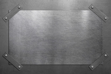 Pinned steel plate on metal background