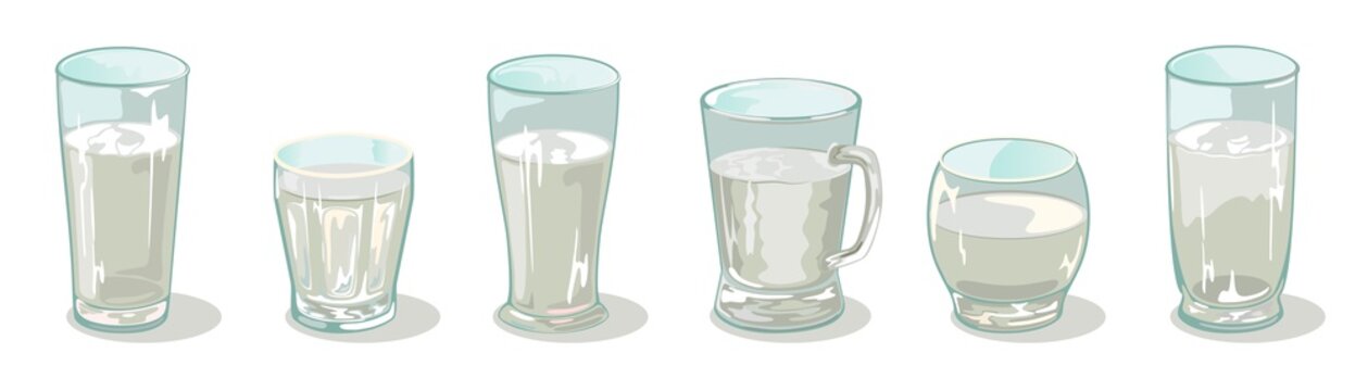 Vector set of different sized, shapes and heights glassware in line. Transparent cups, glasses, mugs with liquid. Drinkware assortment with water, beverage. Cartoon collection isolated on white.