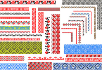 Set of editable Ukrainian traditional seamless ethnic patterns for embroidery stitch. Floral and geometric ornaments. 