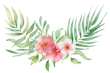 watercolor tropical plants bouquet. Exotic flowers and leaves,
