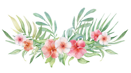 watercolor tropical plants bouquet. Exotic flowers and leaves,