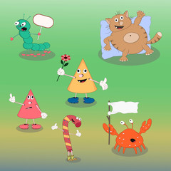 Naklejka premium set of vector cartoon characters candy, cat, crab, cone, caterpillar show different emotions on a colored background.