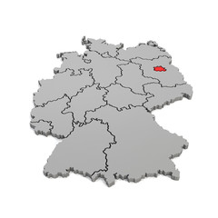 3d Illustation - Deutschlandkarte in grau mit Fokus auf Berlin in rot - 16 Bundesländer