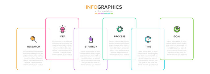 Concept of arrow business model with 6 successive steps. Five colorful rectangular elements. Timeline design for brochure, presentation. Infographic design layout.
