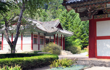 Pavilions in ancient Buddhist monastery Pohyon, North Korea