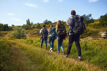 A group of tourists with backpacks is walking in nature