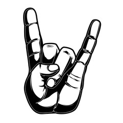 Ludzką ręką znakiem rock and rolla. Element projektu plakatu, karty, banera, znaku, ulotki. Ilustracji wektorowych