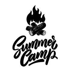 Summer camp. Lettering phrase with illustration of campfire. Design element for poster, card, banner, t shirt, emblem, sign. Vector illustration