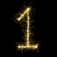 Bengal lights golden glittering sparks number set. Vector shining golden figures of sparkles and stars on black background.