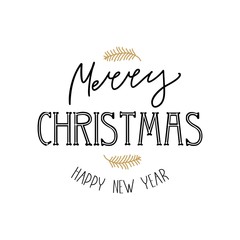 Merry Christmas congratulations. Winter holiday card with calligraphy and hand-drawn design elements. Greeting card, invitation.