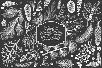 Christmas banner template. Vector hand drawn illustrations on chalk board. Greeting card design in retro style. Winter background - obrazy, fototapety, plakaty