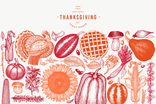 Happy Thanksgiving Day banner. Vector hand drawn illustrations. Greeting Thanksgiving design template in retro style. Autumn background.