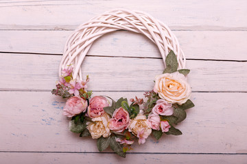 Autumn wreath on wooden background. Thanksgiving concept. Copyspace