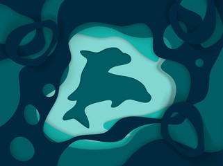 Two Jumping dolphins in papercut style. Paper sea waves and couple of whales. Paper cut illusion of depth 3d vector. Marine wildlife. Origami style with wavy lines