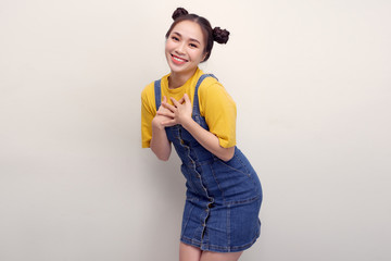 Close up photo beautiful amazing funky she her lady two buns kindhearted easy-going overjoyed on white background