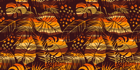 Abstract seamless pattern with tropical leaves. Hand draw texture.