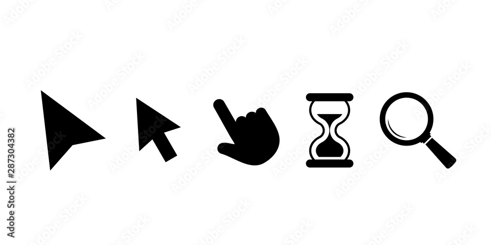 Poster click, cursor, pointer icons set. set of different mouse cursors. arrow web cursors. click arrow and