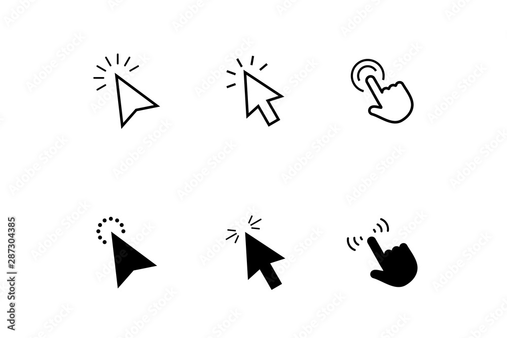 Poster click, cursor, pointer icons set. set of different mouse cursors. arrow web cursors. click arrow and