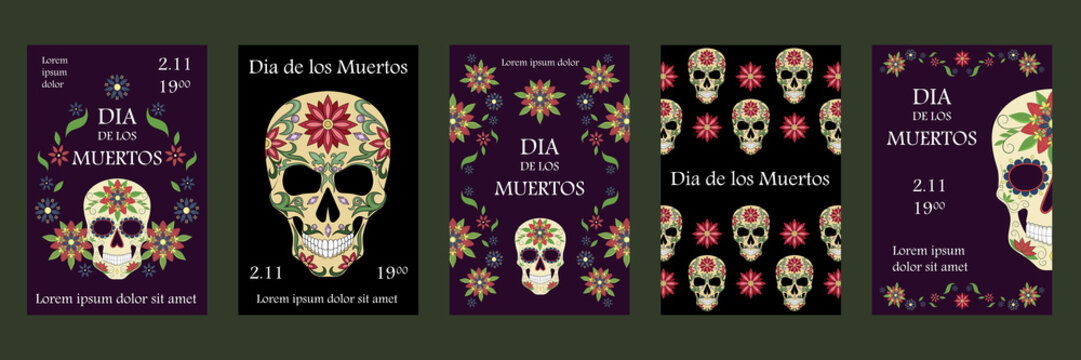 Set of vector illustrations for the day of the dead. Skulls decorated with a pattern. Mexican skulls. Design elements for cards, flyers, banners, invitations.