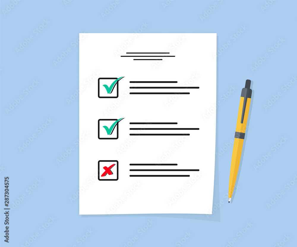 Poster exam sheet. business paper with checklist and pencil in a flat design