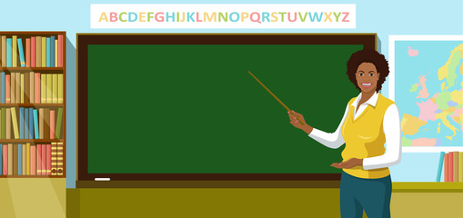 Teacher with a pointer is in the classroom. Cute young African smiling woman points to blackboard. Vector illustration