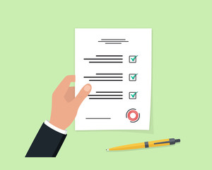 Businessman holding document. Business paper with checklist and pencil in a flat design. Exam sheet.