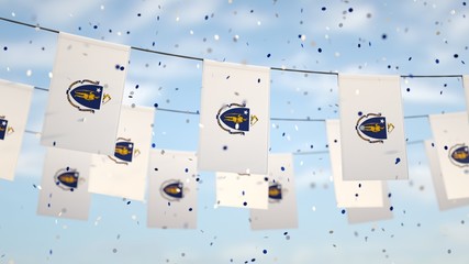Massachusetts flags in the sky with confetti.