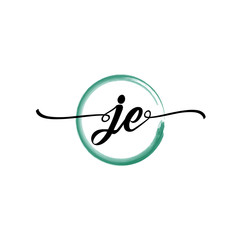 JE initial handwriting logo template. round logo in watercolor color with handwritten letters in the middle. Handwritten logos are used for, weddings, fashion, jewelry, boutiques and business
