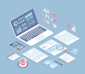 Tax payment, bookkeeping, accounting. Tax form, laptop with charts on the screen, calculator, documents, money, magnifying glass, coffee on the table. Isometric 3d vector background.