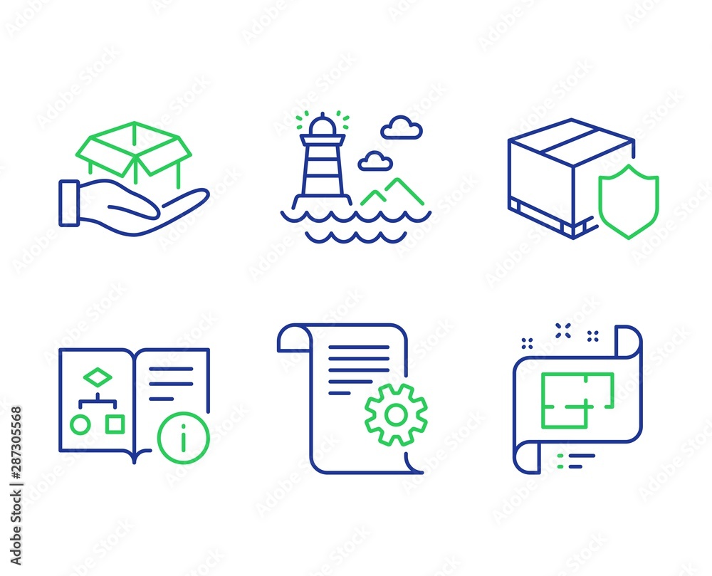 Poster lighthouse, technical algorithm and delivery insurance line icons set. technical documentation, hold