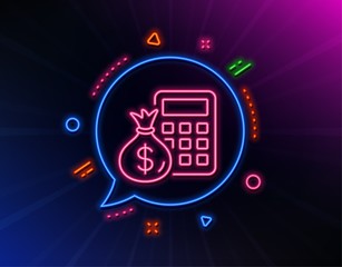 Fototapeta na wymiar Calculator with money bag line icon. Neon laser lights. Accounting sign. Calculate finance symbol. Glow laser speech bubble. Neon lights chat bubble. Banner badge with finance Calculator icon. Vector