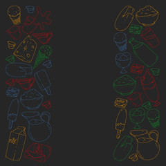 Vector pattern with icons of milk, butter,cottage cheese, sour cream, cheese, yogurt, ice cream, cream. Collection of dairy products.