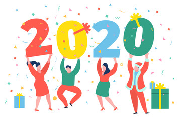 Business people, man and woman building a numbers 2020, in flat modern style. preparing to meet the new year .