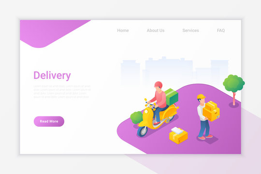 Delivery Boy On Scooter Bike And Man Carrying The Boxes Isometric Flat Vector Illustration Design Concept.