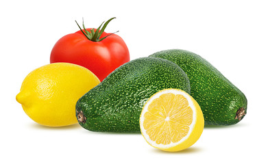 Fresh avocados with lemon and tomato isolated on white background with clipping path