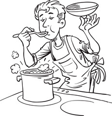 Man cooking meals in kitchen. Man making lunch or dinner at home. 