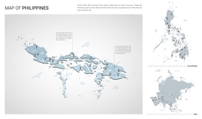 Vector set of Philippines country.  Isometric 3d map, Philippines map, Asia map - with region, state names and city names.