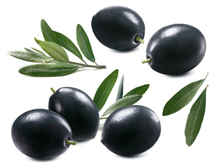 Fresh black olives set isolated on white background