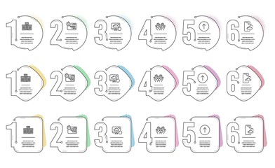 Company, Recovery cloud and Smartphone cloud line icons set. Infographic timeline. Quick tips, Swipe up and Hold box signs. Building, Backup info, Phone backup. Helpful tricks. Technology set. Vector