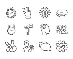 Set of Technology icons, such as Person idea, Chemistry experiment, Dots message, Agent, Talk bubble, Repairman, Touchscreen gesture, Info, Timer, Service, Engineering, Time line icons. Vector