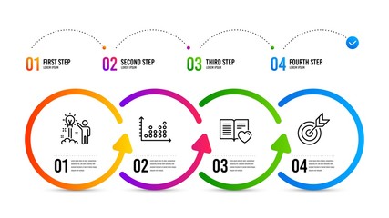 Target sign. Infographics timeline. Dot plot, Creative idea and Love book line icons set. Presentation graph, Startup, Customer feedback. Targeting. Education set. Dot plot icon. Vector