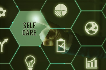 Text sign showing Self Care. Business photo showcasing the practice of taking action to improve one...
