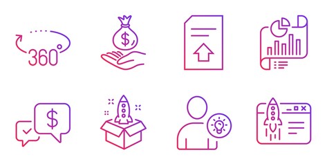 Startup, Report document and 360 degrees line icons set. User idea, Upload file and Payment received signs. Income money, Start business symbols. Innovation, Growth chart. Vector