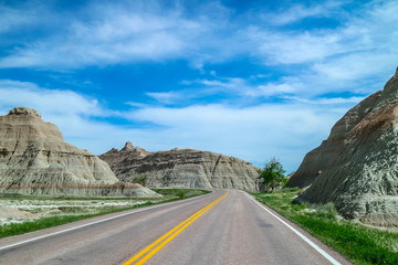 A long way down the road of Badlands National Park, South Dakota