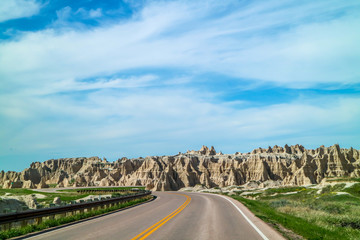 A long way down the road of Badlands National Park, South Dakota